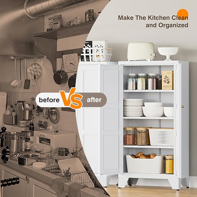 Yizosh Metal Storage Cabinet with Doors and 3 Adjustable Shelves - 47" White Kitchen Pantry Storage Cabinet Locker for Kitchen,Living Room,Dining Room