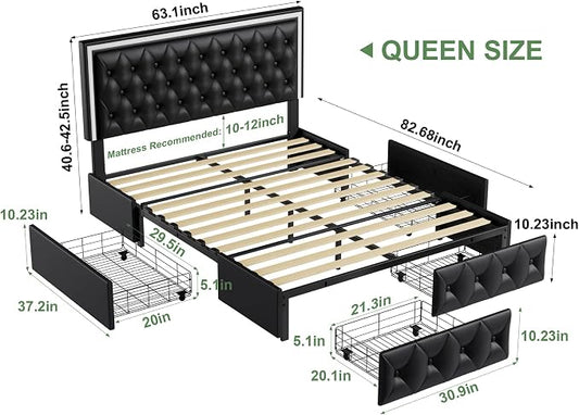 Keyluv Queen Size LED Bed Frame with 4 Storage Drawers and Adjustable Headboard, PU Leather Upholstered Button Tufted Modern Platform Bed, Solid Wooden Slats Support, Easy Assembly, Black