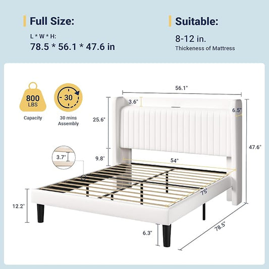 Allewie Full Size Platform Bed Frame with USB Charging Station and Storage Shelf/Upholstered Velvet Wingback Headboard/Wooden Slats Support/No Box Spring Needed/Easy Assembly, White