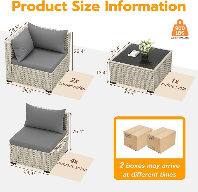 UDPATIO Outdoor Patio Furniture Set, 7 Pcs PE Wicker Sectional Sofa with Tea Table, Outdoor Conversation Set for Patio, Garden, Backyard (Grey Cushions with Light Grey Rattan)
