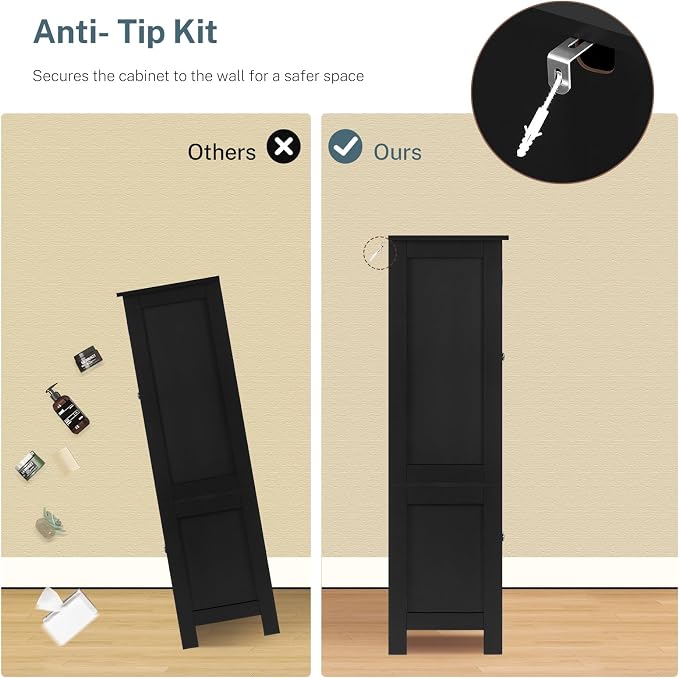 TEENFON Storage Cabinet with 4 Doors, Kitchen Cabinet with 6 Door Shelves, Kitchen Pantry for Living Room, Dining Room, Bathroom, Black