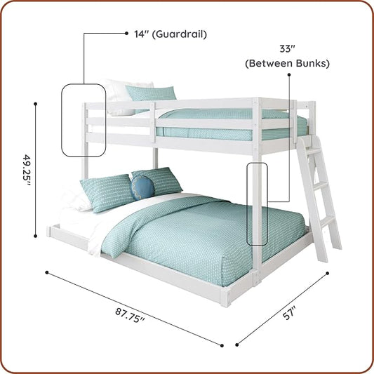 Grain & Grove Bear Twin Over Full Bunk Bed, Low Bunk Bed Frame for Kids, Bunk with Ladder, Guardrail, and Slats, No Box Spring Required, Brushed White