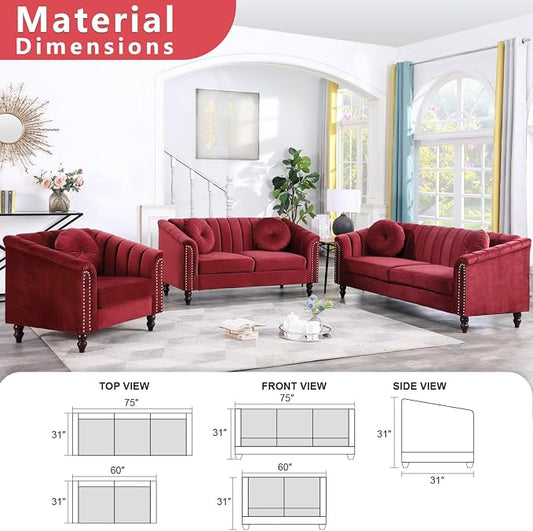 Sectional Sofa Set, Microfiber Chesterfield Upholstered Sofas Loveseat Couch Chair Sets with Style Button Tufted, Scroll Arms and Nailhead for Living Room, Office, Apartment-Red,3PCS