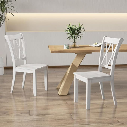 SIMOE Set of 2 Wooden Dining Chairs, Mid Century Farmhouse Kitchen Chairs, Solid Rubberwood Armless Side Chairs with High Back, Ergonomic Seats for Dining Room Living Room, White