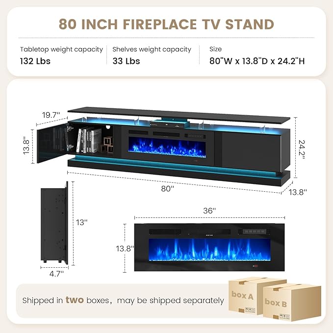 80" Fireplace TV Stand, Modern Entertainment Center for TVs Up to 90", TV Console with Storage Cabinets, Media Console for Living Room, WI-FI Enabled Black TV Stand and Black Fireplace