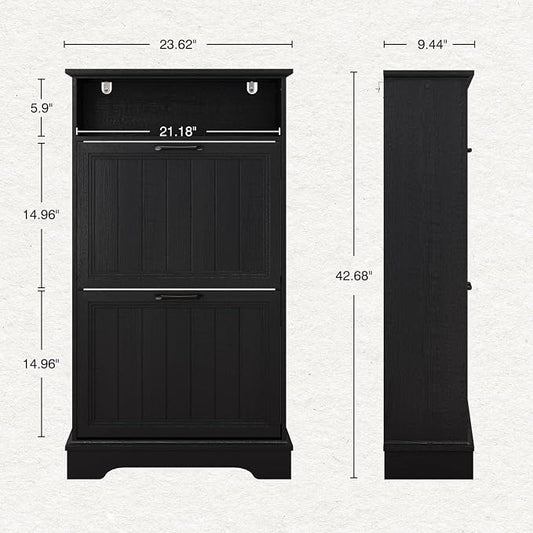 Shoe Storage Cabinet with 2 Flip Drawers, 24" W Farmhouse Modern Hidden Shoes Rack Cabinet with Adjustable Shelves & Open Storage, Narrow Slim Shoe Organizer for Front Door Entrance, Entryway, Black