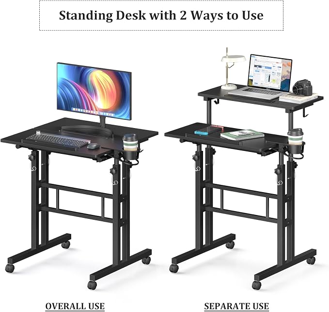 Enayplon Small Standing Desk with Wheels, Mobile Stand Up Desk, Portable Standing Table on Wheels for Walking Pad, Rolling Computer Desk Adjustable Height, Tall Table