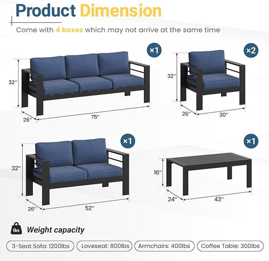 Solaste Aluminum Outdoor Patio Furniture Set, 7 Seats Patio Sectional Sofa with 5" Thick Cushion, Outdoor Patio Set with Coffee Table for Porch, Backyard, Deck, Yard, Blue