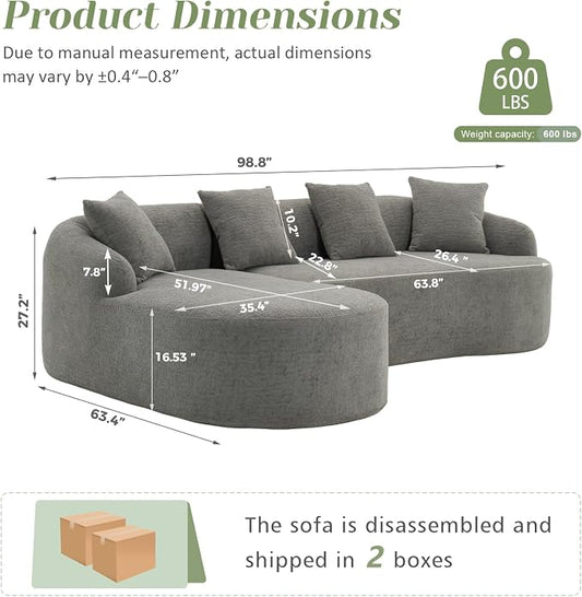 99" Curved Sofa with L-Shape Chaise,Modern Cloud Curved Couch with Deep Seat,No Assembly Required,Upholstered Oversized Couches for Living Room,Apartment (Grey, 99Inch)