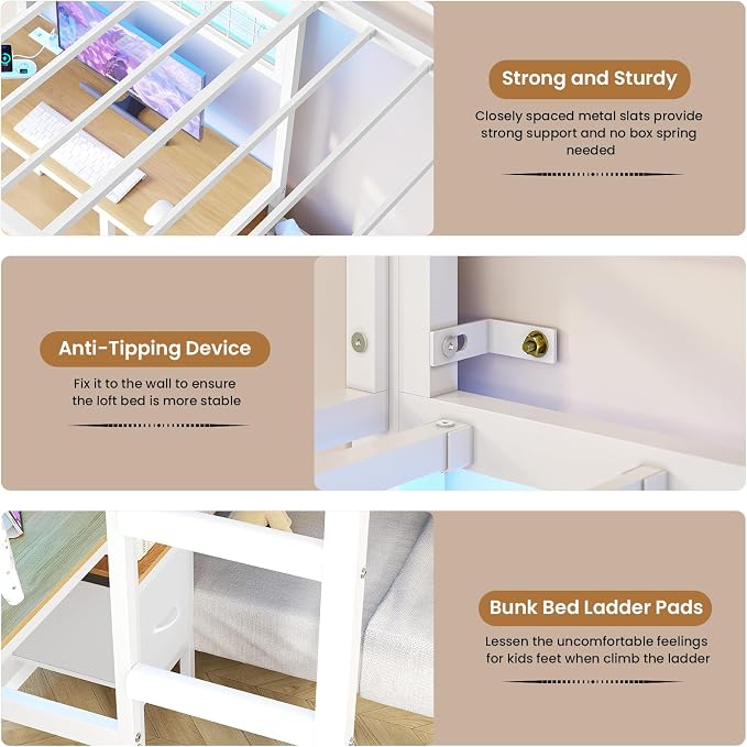 DICTAC Twin Over Twin Bunk Bed with Desk,Led Lights and Charging Station Metal L-Shaped Bunk Beds with Storage Drawers and Shelves, Loft Bed with Safety Guardrail and Ladder for Kids and Teen,White