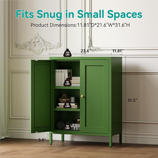 Small Metal Storage Cabinet, 23.6" Wide Bathroom Cabinet with 2 Adjustable Shelves, 3-Tier Shaker Sideboard Storage Unit for Entryway Living Room Kitchen,Forest Green