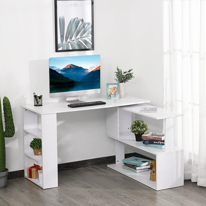 HOMCOM 47 Inch L Shaped Desk, Corner Computer Desk, 360 Degree Rotating Home Office Desk with Storage Shelves, Writing Table Workstation, White