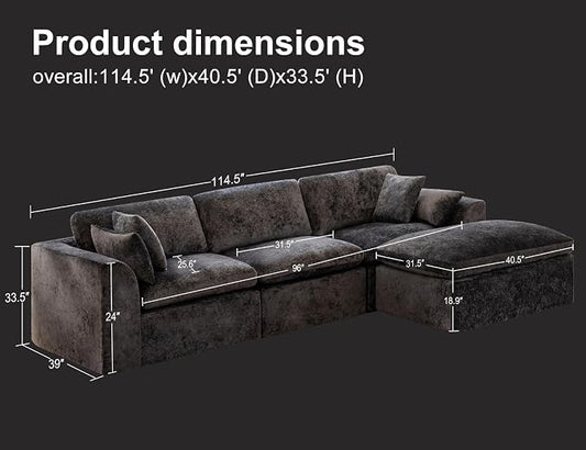 115" Modular Sectional Sofa – Modern Cloud Couch with Deep Chenille Seats, L-Shaped Boneless Sofa, Pet-Friendly, No Assembly, Gray (3 Seater + 1 Ottoman)