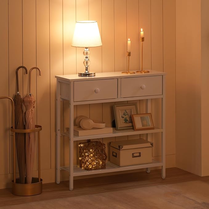 HOOBRO 29.5" Narrow Console Table with 2 Fabric Drawers, Sofa Table, Small Entryway Table with 3-Tier Storage Shelves, Behind Couch Table, for Living Room, Hallway, White WW72XG01G1