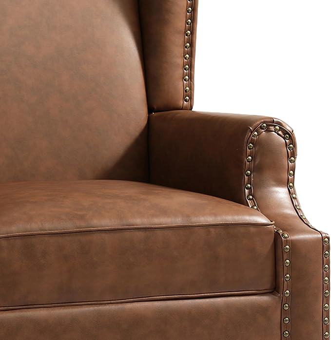 High Back Accent Chairs Set of 2, Faux Leather Upholstered Armchair Wingback Chair for Living Room, Comfy Single Sofa Solid Wood Legs Bedroom Reading Seat (Brown)