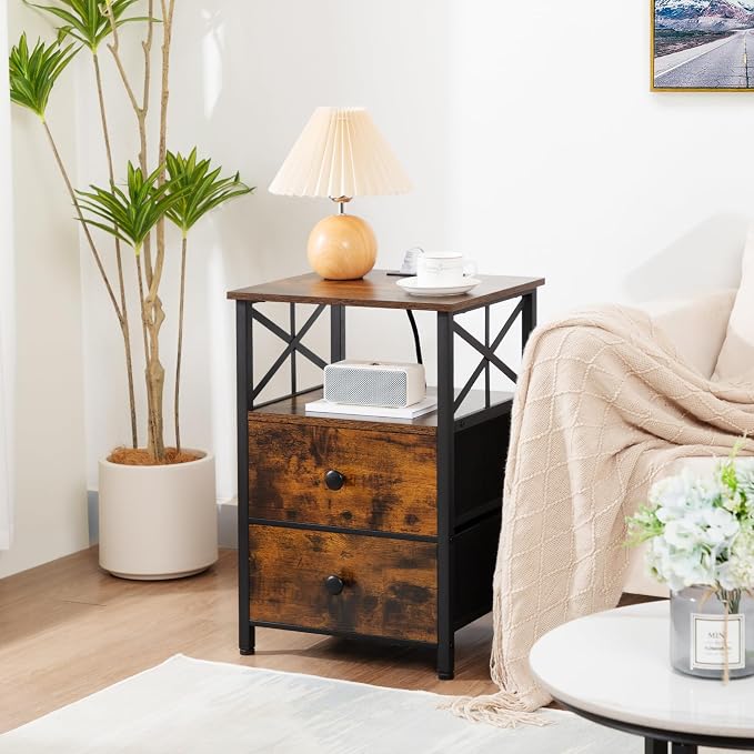 AMHANCIBLE Nightstands Set of 2, Night Stand with Charging Station, Small Bedside Table with 2 Fabric Drawers, End Tables Living Room with USB C Ports for Bedroom, Rustic Brown HET05XBR
