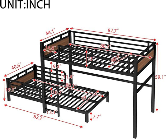 Twin XL Over Twin XL Metal Bunk Bed, Heavy Duty Convertible Bunk Bed Frame with Headboard & Full Guardrails, Can Be Split into Two Platform Beds or Loft Bed,Walnut