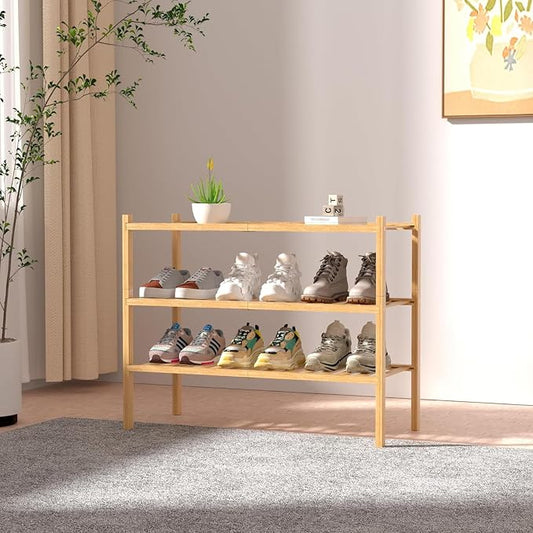 Shoe Rack Multi Tier Storage Organizer Wide Metal Shoe Shelf for Closet Entryway, Bamboo Stackable Multi-Layer Shelf Doorway Simple Folding Shoe Rack