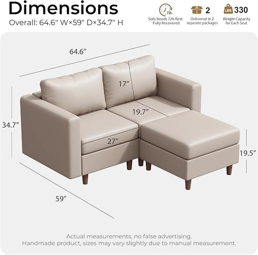 ABCASA Modular Sectional Loveseat Sofa Couch with Storage Seats, 3 Seater L Shaped Couch with Movable Ottoman for Small Spaces, Whitesand