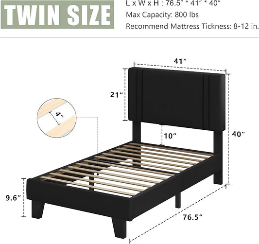 Feonase Twin Platform Bed Frame, Velvet Upholstered Twin Bed Frame, Solid Wood Slats & Heavy Duty Feet Support, No Box Spring Needed, Noise-Free, Easy Assembly, Black