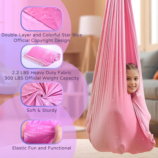 Sensory Swing for Kids and Adults Indoor & Outdoor Double Layer Therapy Cuddle Holds up to 300lbs Adjustable Hammock Chair with 360° Swivel Hanger Kit Effect for Aspergers Autism ADHD(Fantasy Pink)