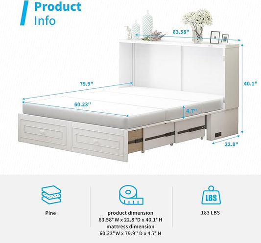 Mjkone Queen Size Murphy Bed Cabinet with Tri-Folding Mattress Included, Chest Cabinets Bed with USB Charging Station, Wall Beds with Storage Drawers for Guest Bedroom Apartment Office, White