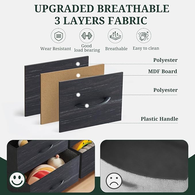 7-Drawer Dresser for Bedroom, Anti-Tip Wide Storage Organizer Fabric Chest of Drawers TV Stand for 45" TV with Wooden Top and Metal Frame for Closet, Living Room, Hallway, Entryway, Charcoal Black