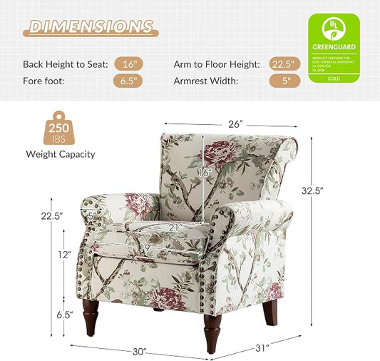 HULALA HOME Modern Wingback Accent Chair with Wood Legs & Removable Cushion, Comfy Upholstered Armchair with Nailhead Trim, Floral Pattern Sofa Chair for Bedroom Living Room, Floral