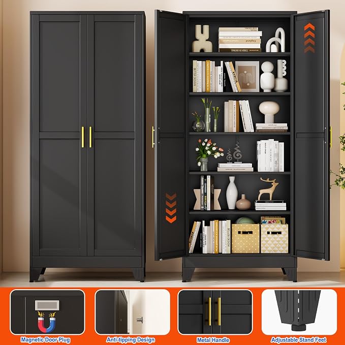 GAIOUS 75''Tall Metal Garage Storage Cabinet,File Cabinet with Door and Adjustable Shelves, Outdoor Steel Tool Cabinet for Home,Office,Warehouse,Garage,Black