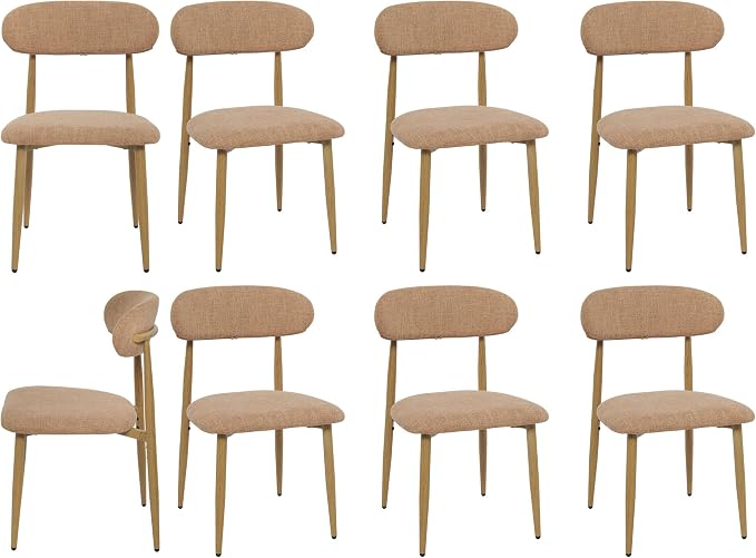 FREKEN Modern Upholstered Dining Chairs Set of 8, Mid-Century Metal Frame with Wood Grain, Linen Fabric Side Chair for Kitchen Dining Room, 350lbs Capacity, Brown