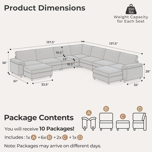 SITJOY Large Cloud Couch, 138" Wide 7 Seater V Shape, Chenille in Navy Blue | Detachable and Washable Chenille Cover Sectional Sofas for Living Room, Deep Seat Wide Couch with Chaise, Storage Ottoman