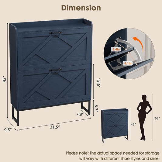 Nicetree Shoe Storage Cabinet, Shoe Cabinet with 2 Flip Drawers, Narrow Shoe Rack Cabinet, Farmhouse Slim Shoe Cabinet Storage for Entryway,Blue