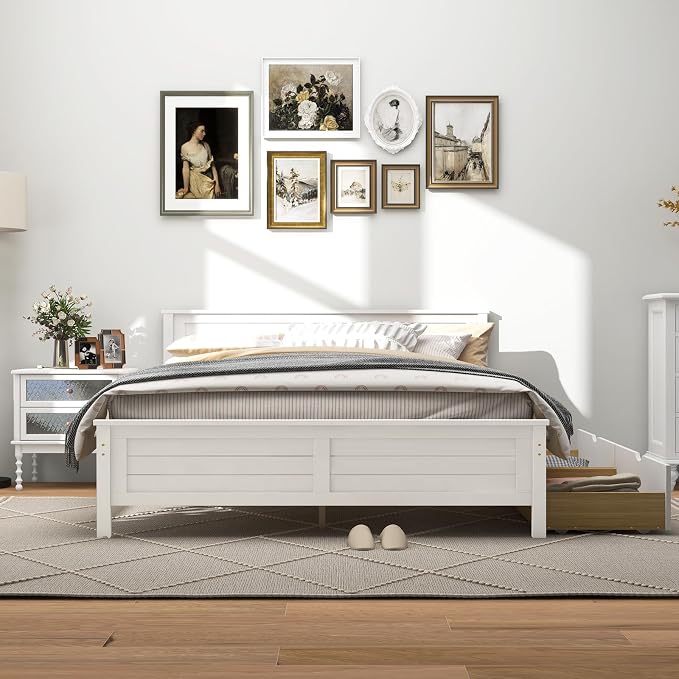 GOFLAME Full Size Bed Frame with 2 Drawers, Platform Bed with Solid Wood Headboard & Footboard, Wood Slats Support Mattress Foundation, Under Bed Storage, No Box Spring Needed, Easy Assembly, White