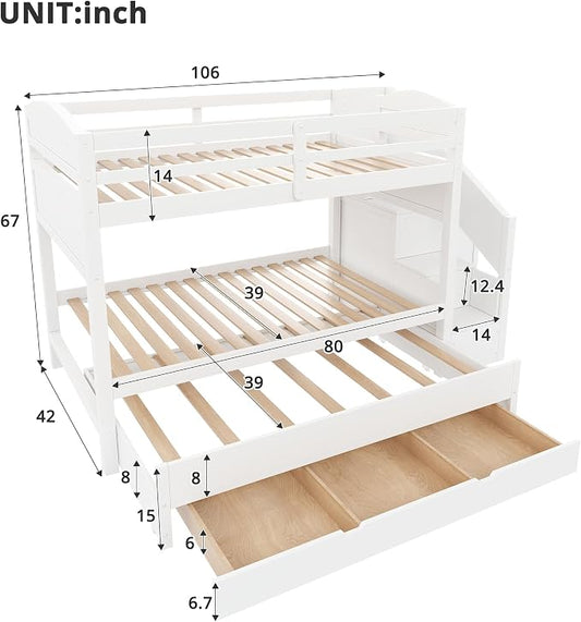 RUNNA Twin XL Bunk Bed with Trundle,Storage Stairs,Kids Bedroom,White | Twin XL bunk bed with trundle, storage stairs, solid wood frame, guardrails, no box spring needed, white, space saving