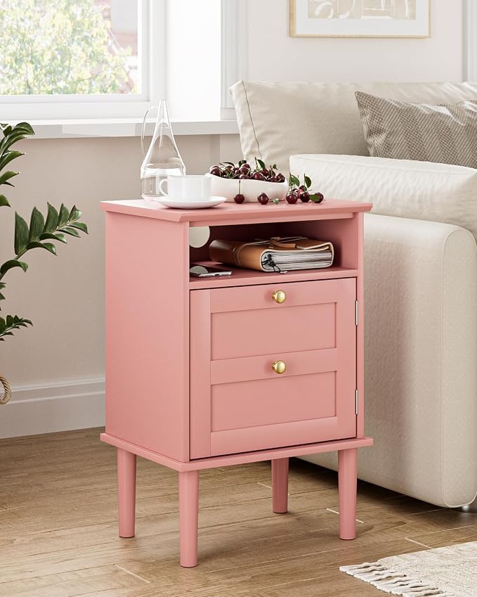 Nightstand, Boho Night Stand with 1 Drawers, Modern Side Accent Table with Open Shelf, Wooden Top Bedside End Table for Bedroom, Living Room, Pink