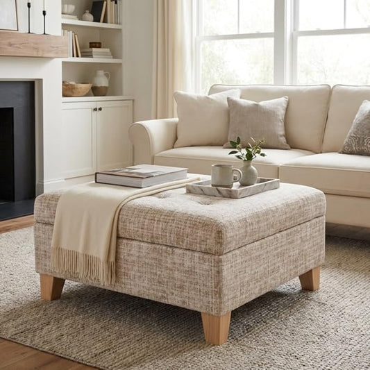 HomePop Camden Button Tufted 28" Storage Ottoman - Cream Textural Woven