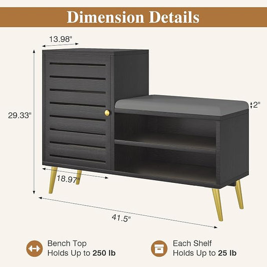 VECELO Shoe Storage Bench with Door&Shelf, Entryway Bench with Seat Cushion, for Hallway, Bedroom, Living Room, L-Shaped, Black