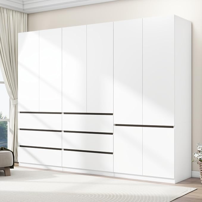 Armoire Wardrobe Closet with Drawers:75" Large White Wardrobe Closet Cabinet with 6 Doors for Hanging Clothes, Modern Wooden Bedroom Armoires with 6 Drawers and Storage (B+C+B, 94.5")