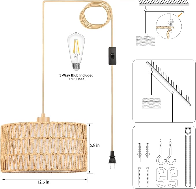 Qingmiao Boho Plug in Pendant Light, Rattan Hanging Lamp Plug in with Woven Shade, 3-Way Dimmable Hanging Light Fixture for Living Room Bedroom Kitchen Ceiling Home Decor