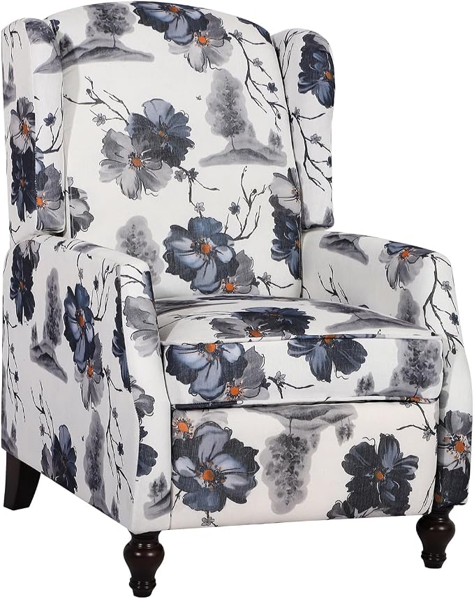 Upholstered Wingback Recliner Chair, Mid Century Modern Manual Push Back Recliner for Living Room, Bedroom (1, Blue Floral)