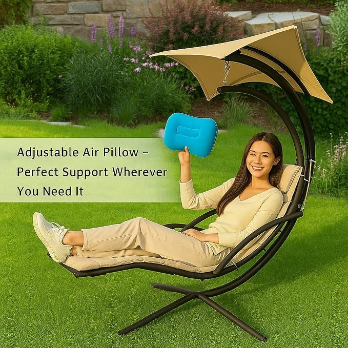 Replacement Cover for Outdoor Hanging Lounge Chair Cushion (Cover Only), Waterproof, with Umbrella Fabric and Inflatable Headrest, Patio Curved Chaise Hammock Swing Lounger Cushion Cover (Khaki)