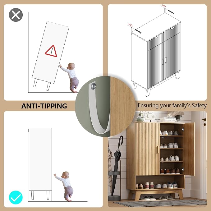 Shoe Cabinet Storage for Entryway with Doors, 5 Tier Fluted Shoe Organizer with Adjustable Shelves, Entryway Shoe Storage with Wooden Legs, Freestanding Hidden Shoe Rack for Front Door Entrance, Oak