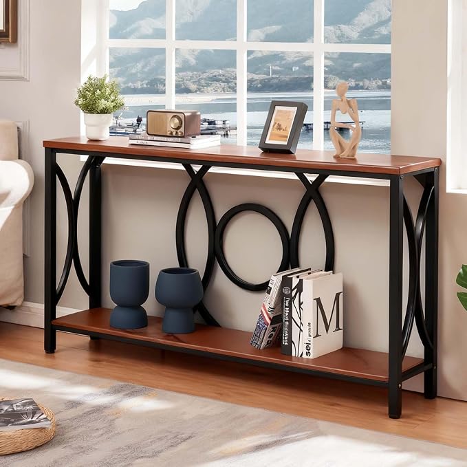 HOMISSUE Sofa Console Table, Rustic Console Table with Faux Marbled Tabletop, Engineered Wood Entryway Tables with 2 Tier Storage, Narrow Sofa Table for Living Room, Hallway (55 Inch, Rustic Brown)