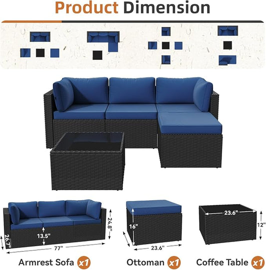 Aoxun Patio Furniture Set 5-Piece, Outdoor Sectional Sofas with Washable Cushion, Wicker Rattan Patio Conversation Sets for Backyard Porch and Poolside, Navy