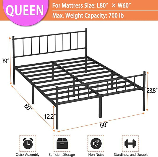 DIIYIV Queen Metal Bed Frame,Steel Slat Support,Noise Free,Easy Assembly | Queen Size Bed,Mattress Foundation,Underbed Storage,No Box Spring Needed