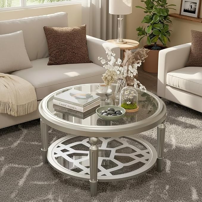 COSIEST 32" Round Glass Coffee Table with Storage, 2-Tier Modern Champagne Center Table for Living Room, Elegant Clear Glass Top Accent Table with Pine Wood Frame, Simple Home Office Furniture