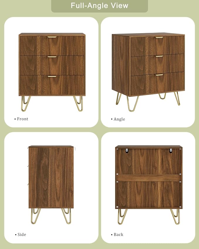 Walnut Dresser for Bedroom, Modern Fluted 3 Drawer Dresser with Storage, Dresser Chest of Drawers with Gold Handles for Bedroom, Living Room, Closet, Hallway, 15.8" D x 23.6" W x 27.6" H