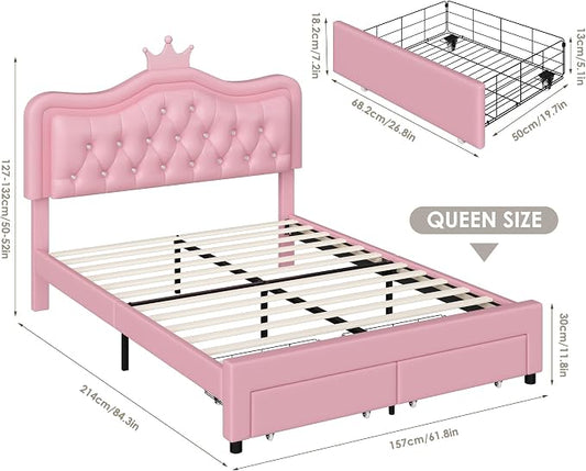 Keyluv Queen Upholstered LED Bed Frame with Storage Drawer, Leather Princess Platform Bed with Adjustable Crystal Button Tufted Crown Headboard, Solid Wooden Slats Support, No Box Spring Needed, Pink