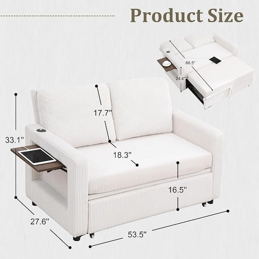 3 in 1 Folding Convertible Sleeper Sofa Bed Pull Out Couch with Side Pockets USB Port Side Table Loveseat Sofa Bed with Adjustable Backrest for Living Room Bedroom 66" Beige 2 SEAT