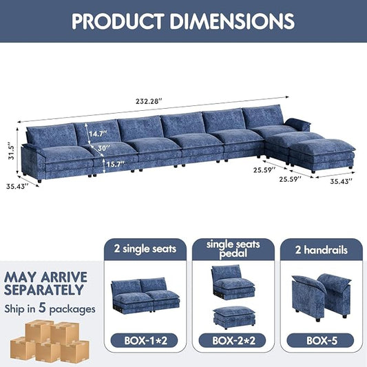 Homall 232" Modular Sectional Sofa, Oversized Sofa Couch with Reversible Ottoman, DIY Combination Chenille Deep 6-Seat Cloud Couch for Living Room, Apartment (Dark Blue, Oversized Sofa)